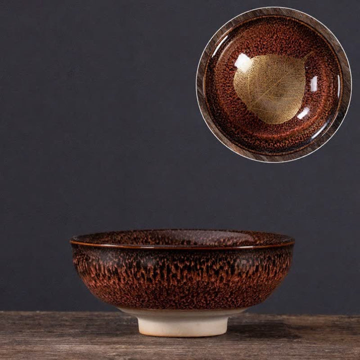 Buddha Stones Taza de té de cerámica con diseño de hoja de arce moteada oscura - Hoja marrón - image 1