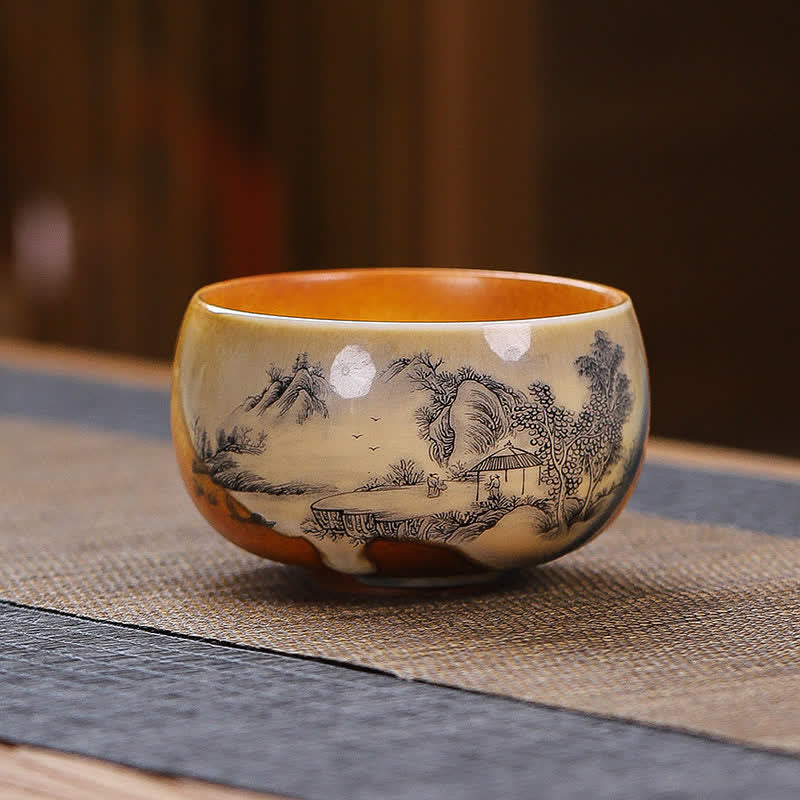Buddha Stones Taza de té de cerámica vintage con diseño de paisaje de loto. - Pabellón - image 3