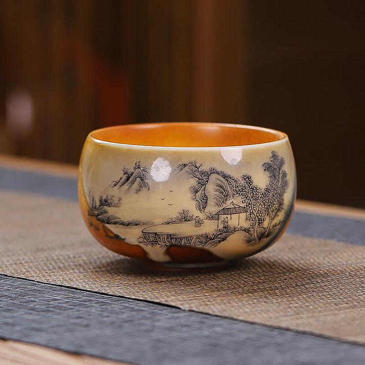 Buddha Stones Taza de té de cerámica vintage con diseño de paisaje de loto. - Pabellón - image 3