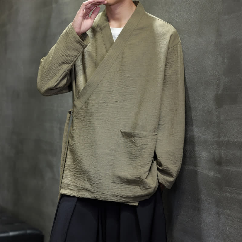 Buddha Stones Kimono minimalista de hombre con cordón ajustable y bolsillo, estilo Spring Tang. - Caqui oscuro - US/UK/AU48, UE58 (4XL) - image 0