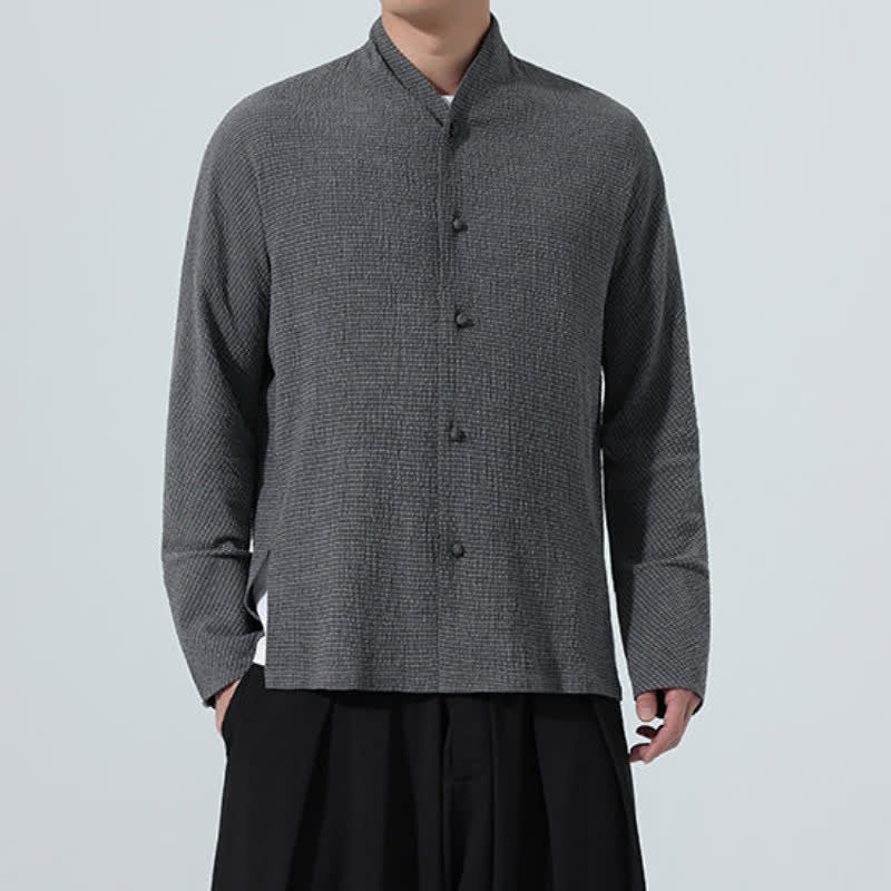 Buddha Stones Camisa de manga larga para hombre, estilo Tang clásico de otoño, con botones y abertura lateral. - image 2