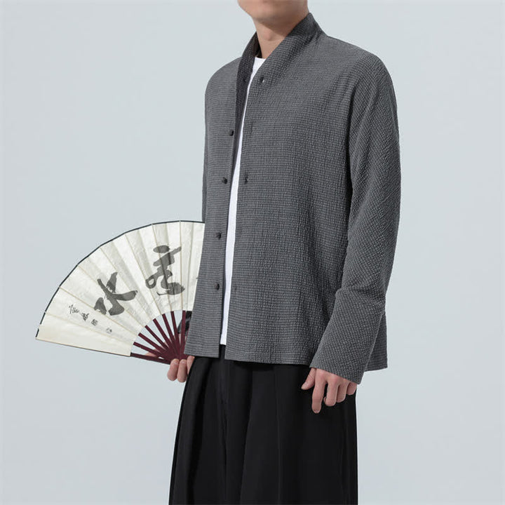 Buddha Stones Camisa de manga larga para hombre, estilo Tang clásico de otoño, con botones y abertura lateral. - image 3