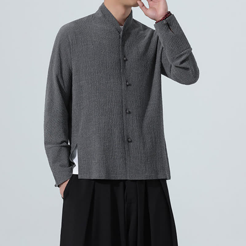 Buddha Stones Camisa de manga larga para hombre, estilo Tang clásico de otoño, con botones y abertura lateral. - image 5