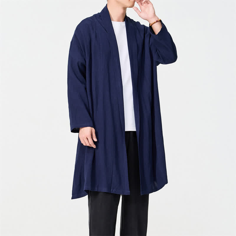 Buddha Stones Kimono de hombre liso estilo Tang minimalista retro de otoño - Azul medianoche - US/UK/AU48，EU58(5XL) - image 0