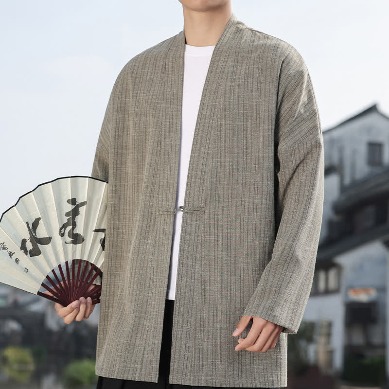 Buddha Stones Kimono de hombre liso estilo Spring Tang minimalista con un botón de rana - Caqui oscuro - US/UK/AU44, EU54 (4XL) - image 0
