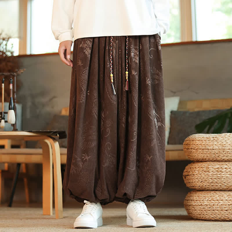 Buddha Stones Pantalones tobilleros de pana estilo retro casual con cordón ajustable y estampado de dragón para hombre, ideales para primavera y otoño. - image 1