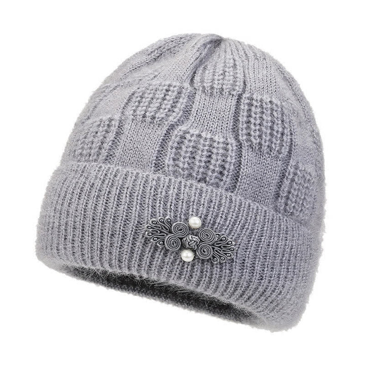 Buddha Stones Gorro grueso de mujer de punto acanalado con forro polar y estampado floral para otoño/invierno. - Gris oscuro - image 0