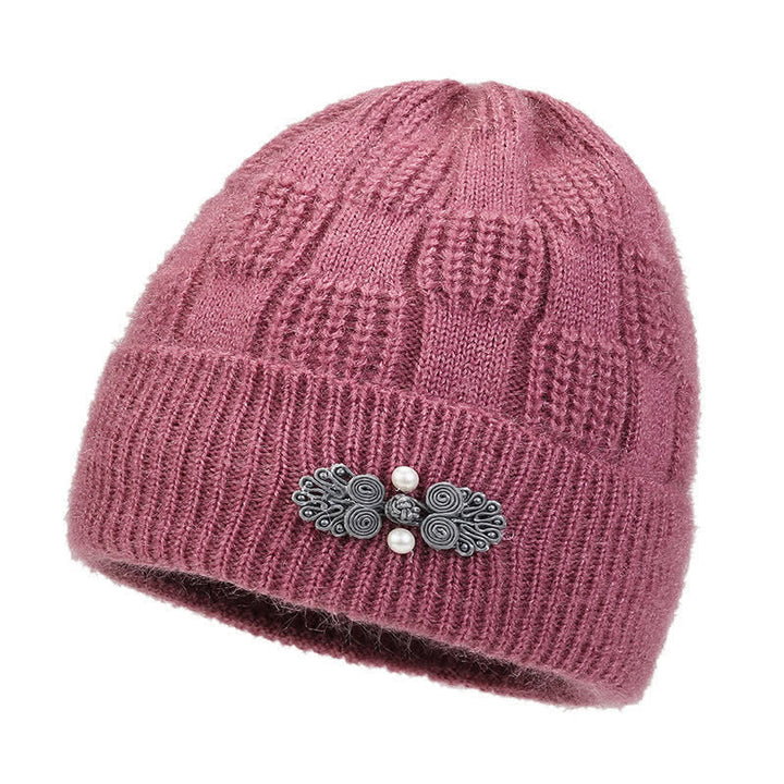 Buddha Stones Gorro grueso de mujer de punto acanalado con forro polar y estampado floral para otoño/invierno. - Rojo violeta pálido - image 12