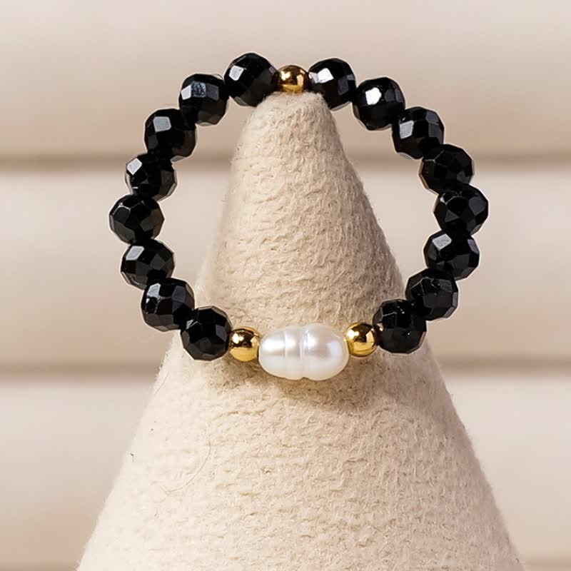 Buddha Stones Anillo apilable facetado de protección con perla de espinela negra - image 2