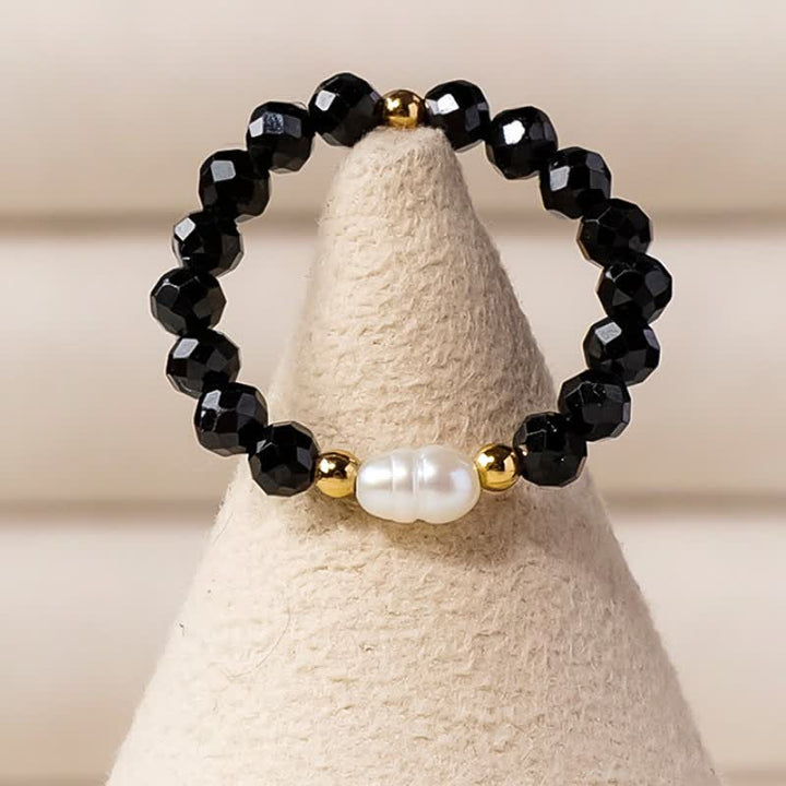 Buddha Stones Anillo apilable facetado de protección con perla de espinela negra - image 2