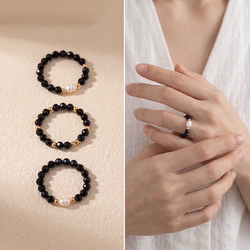 Buddha Stones Anillo apilable facetado de protección con perla de espinela negra - image 3