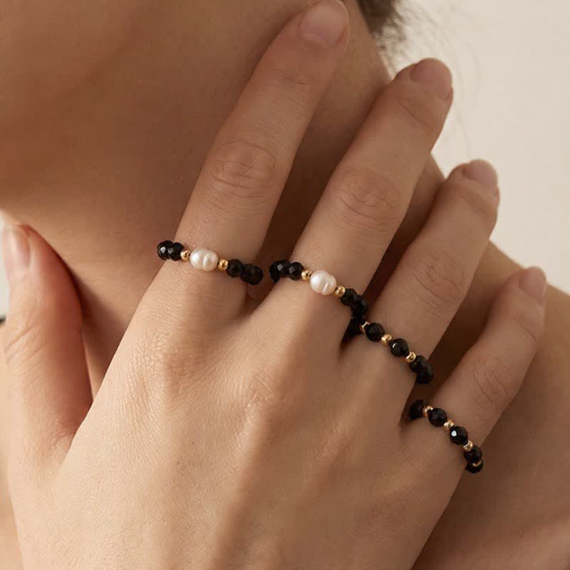Buddha Stones Anillo apilable facetado de protección con perla de espinela negra - image 8