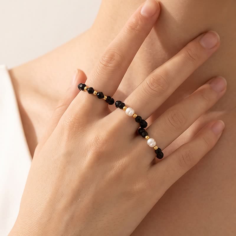Buddha Stones Anillo apilable facetado de protección con perla de espinela negra - image 7