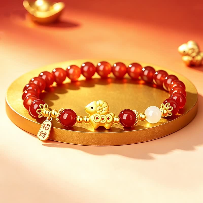 Buddha Stones Pulsera con dije de oveja de ágata roja y monedas de cobre del Año de la Cabra, plata de ley 925, para la buena fortuna. - image 1