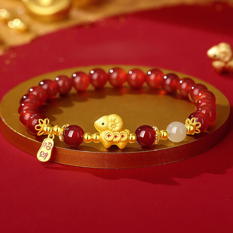 Buddha Stones Pulsera con dije de oveja de ágata roja y monedas de cobre del Año de la Cabra, plata de ley 925, para la buena fortuna. - Cabra (Circunferencia de la muñeca: 5,5-5,9 pulgadas / 14-15 cm) - Ágata roja - image 0
