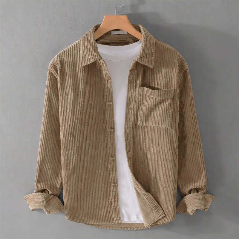 Buddha Stones Camisas de manga larga de pana lisas para hombre, estilo casual vintage, con botones y bolsillo de parche, ideales para otoño e invierno. - Broncearse - US/UK/AU44, EU54 (4XL) - image 0