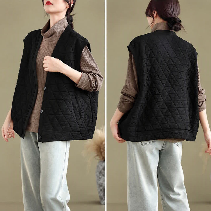 Buddha Stones Chaleco de mujer con botones, estilo retro informal, estampado de rombos y bolsillo. - image 16