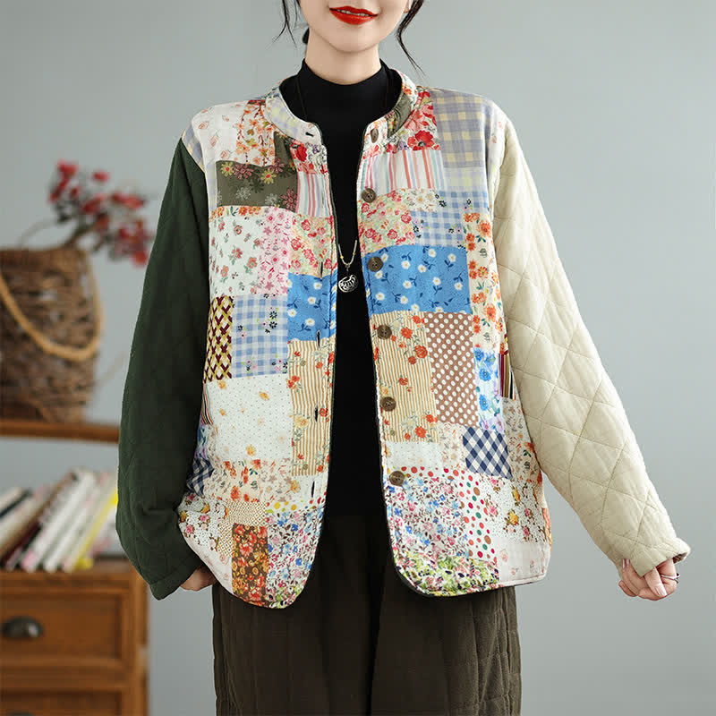 Buddha Stones Chaqueta reversible de mujer con botones, diseño floral patchwork, estilo vintage, para otoño/invierno, con bolsillos. - Beige - US8-10, UK/AU12-14, EU40-42 (2XL) - image 0
