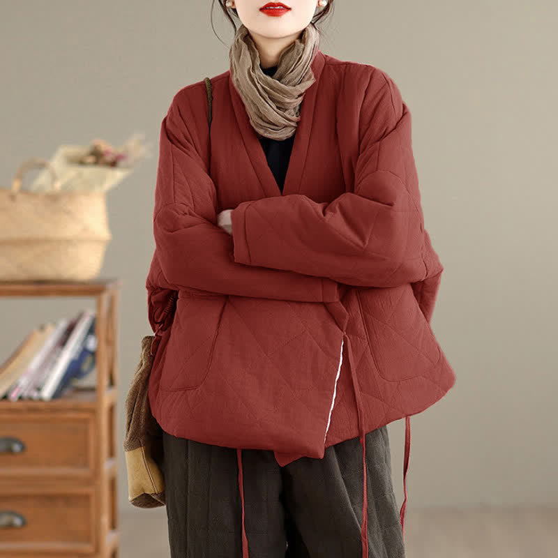 Buddha Stones Kimono corto de mujer con diseño acolchado minimalista informal de otoño/invierno, con cordón ajustable y bolsillos. - image 1