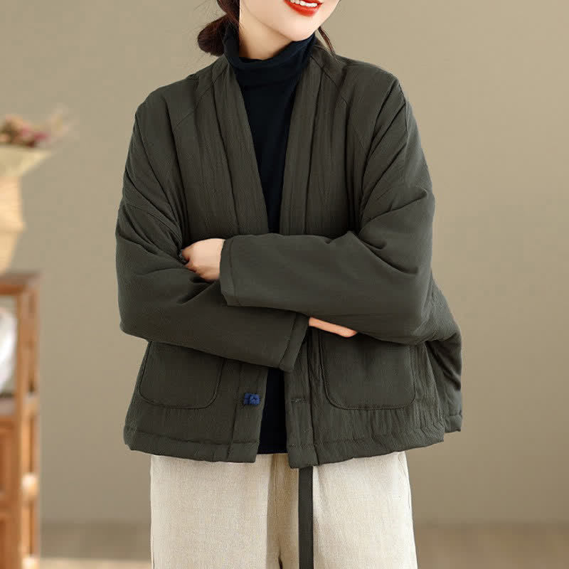 Buddha Stones Kimono corto de mujer de estilo Tang informal con botones de rana y bolsillos, ideal para otoño/invierno. - image 1