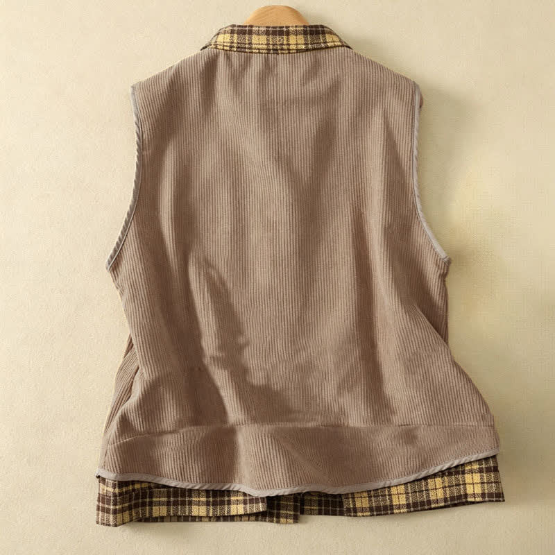 Buddha Stones Camiseta sin mangas de pana a cuadros con botones, estilo vintage de otoño, para mujer, con bolsillos. - image 5