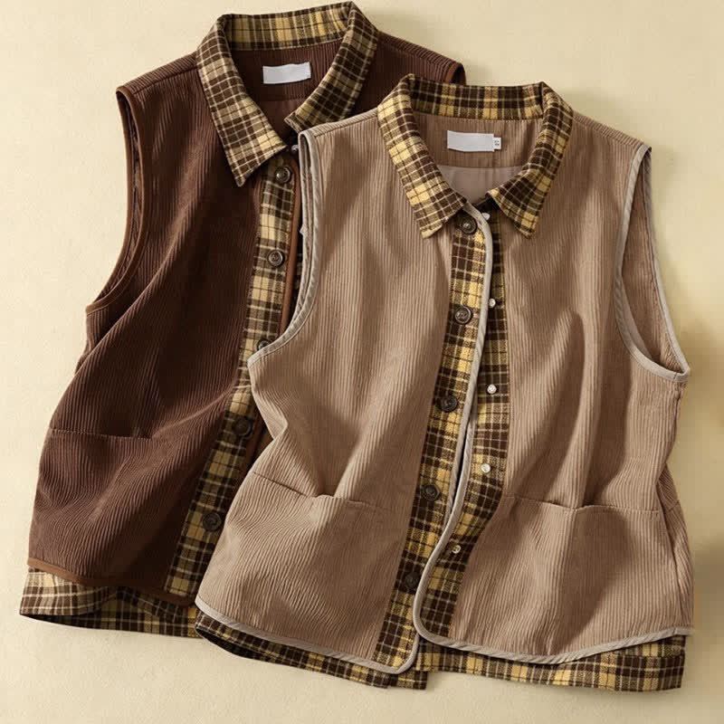 Buddha Stones Camiseta sin mangas de pana a cuadros con botones, estilo vintage de otoño, para mujer, con bolsillos. - image 11