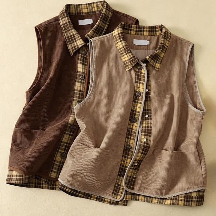 Buddha Stones Camiseta sin mangas de pana a cuadros con botones, estilo vintage de otoño, para mujer, con bolsillos. - image 11