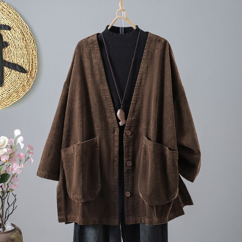 Buddha Stones Chaqueta de mujer de pana lisa, sencilla, con botones, estilo vintage, para otoño/invierno, con bolsillos. - Marrón silla de montar - US14, UK/AU18, EU46 (2XL) - image 0