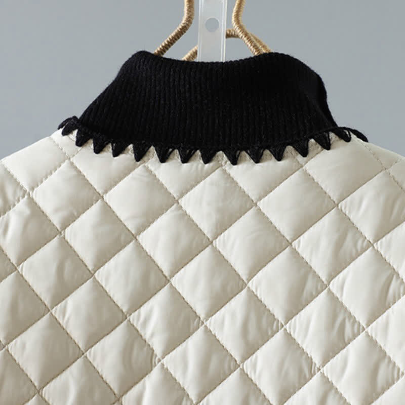 Buddha Stones Chaqueta de mujer de estilo vintage informal de invierno con botones, diseño geométrico de rombos y bolsillos. - image 3