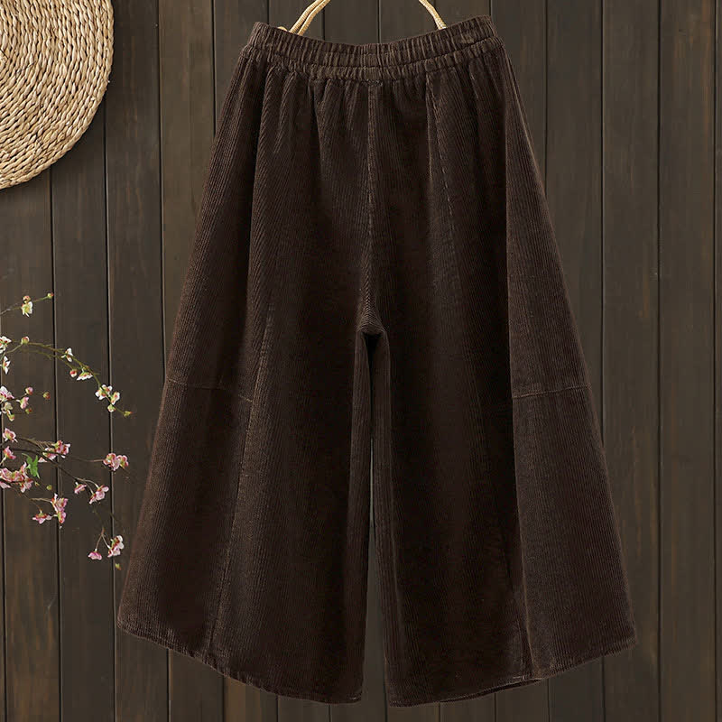 Buddha Stones Pantalones capri de pana lisos con cordón ajustable para otoño/invierno. Pantalones de pana de pierna ancha para mujer con bolsillos. - image 1