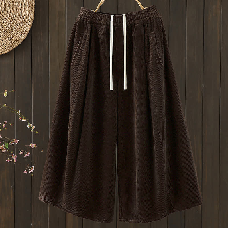 Buddha Stones Pantalones capri de pana lisos con cordón ajustable para otoño/invierno. Pantalones de pana de pierna ancha para mujer con bolsillos. - Marrón silla de montar - US12, UK/AU16, EU44 (2XL) - image 0