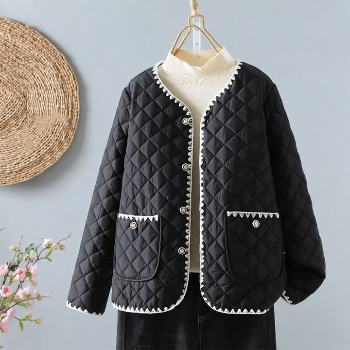 Buddha Stones Chaqueta de mujer de estilo vintage informal de invierno con botones, diseño geométrico de rombos y bolsillos. - Negro - US6, UK/AU10, EU38 (XL) - image 11