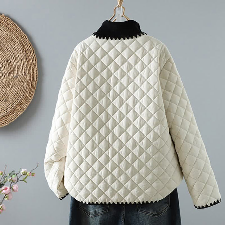 Buddha Stones Chaqueta de mujer de estilo vintage informal de invierno con botones, diseño geométrico de rombos y bolsillos. - image 1