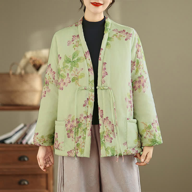 Buddha Stones Kimono de mujer con estampado floral y botones de estilo Tang vintage para otoño/invierno, con bolsillos. - image 2