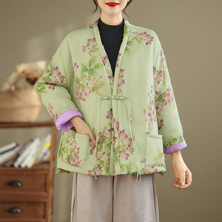 Buddha Stones Kimono de mujer con estampado floral y botones de estilo Tang vintage para otoño/invierno, con bolsillos. - Gotas de miel - US12, UK/AU16, EU44 (XL) - image 0