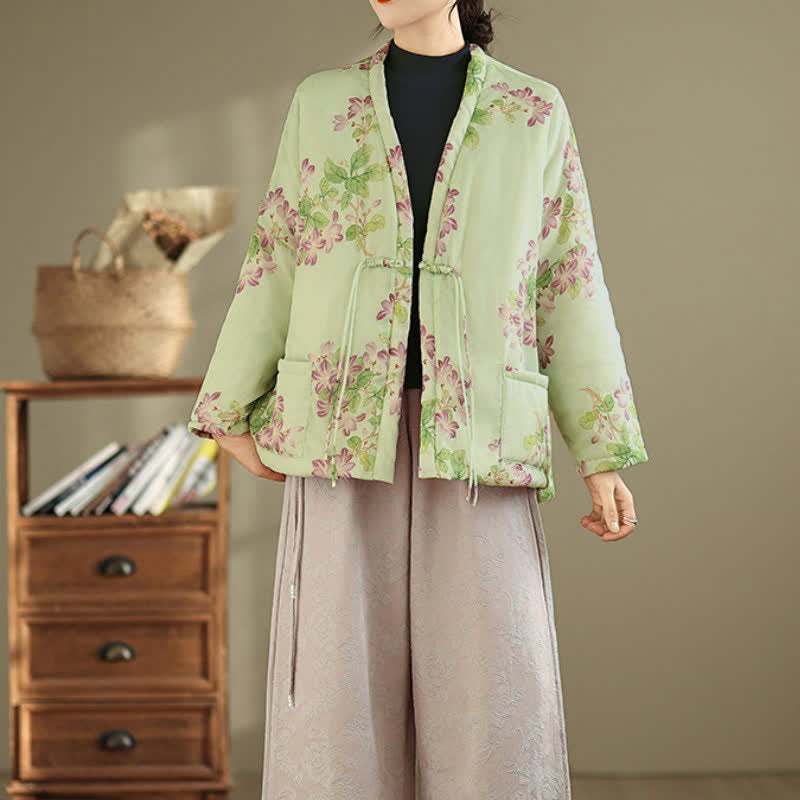 Buddha Stones Kimono de mujer con estampado floral y botones de estilo Tang vintage para otoño/invierno, con bolsillos. - image 5