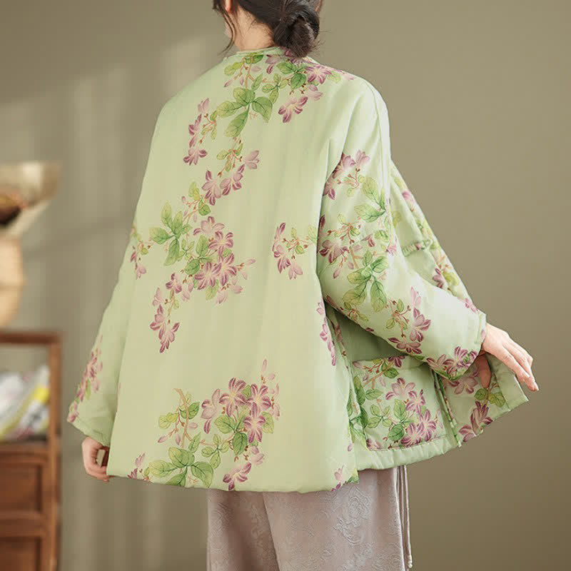Buddha Stones Kimono de mujer con estampado floral y botones de estilo Tang vintage para otoño/invierno, con bolsillos. - image 3