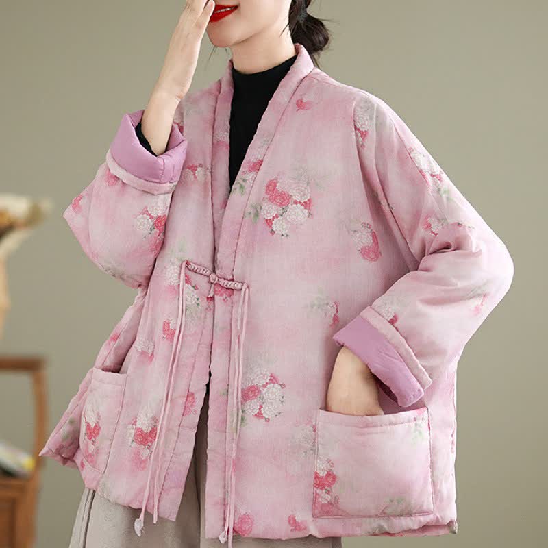 Buddha Stones Kimono de mujer con estampado floral y botones de estilo Tang vintage para otoño/invierno, con bolsillos. - image 12
