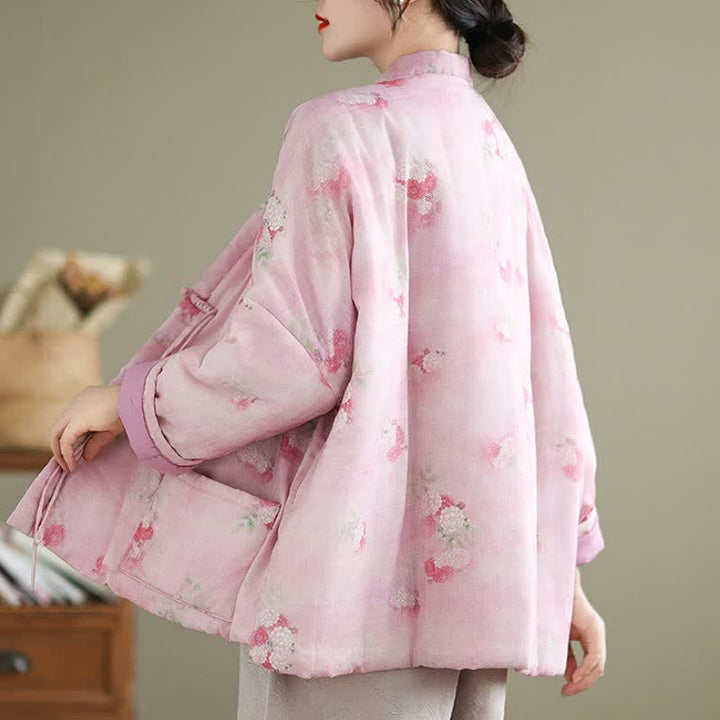 Buddha Stones Kimono de mujer con estampado floral y botones de estilo Tang vintage para otoño/invierno, con bolsillos. - image 14