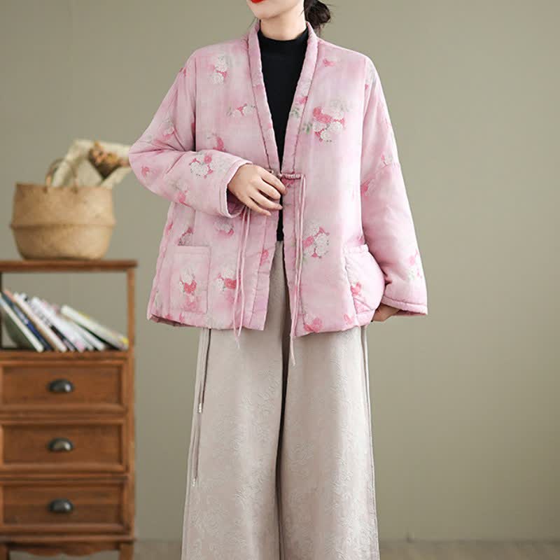 Buddha Stones Kimono de mujer con estampado floral y botones de estilo Tang vintage para otoño/invierno, con bolsillos. - image 15