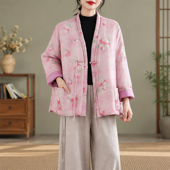 Buddha Stones Kimono de mujer con estampado floral y botones de estilo Tang vintage para otoño/invierno, con bolsillos. - image 13