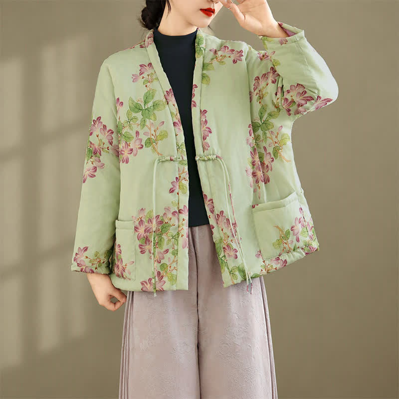 Buddha Stones Kimono de mujer con estampado floral y botones de estilo Tang vintage para otoño/invierno, con bolsillos. - image 4