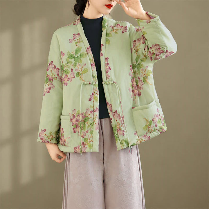 Buddha Stones Kimono de mujer con estampado floral y botones de estilo Tang vintage para otoño/invierno, con bolsillos. - image 4