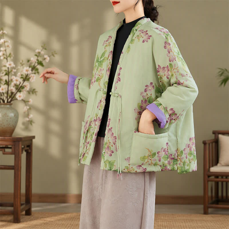 Buddha Stones Kimono de mujer con estampado floral y botones de estilo Tang vintage para otoño/invierno, con bolsillos. - image 1