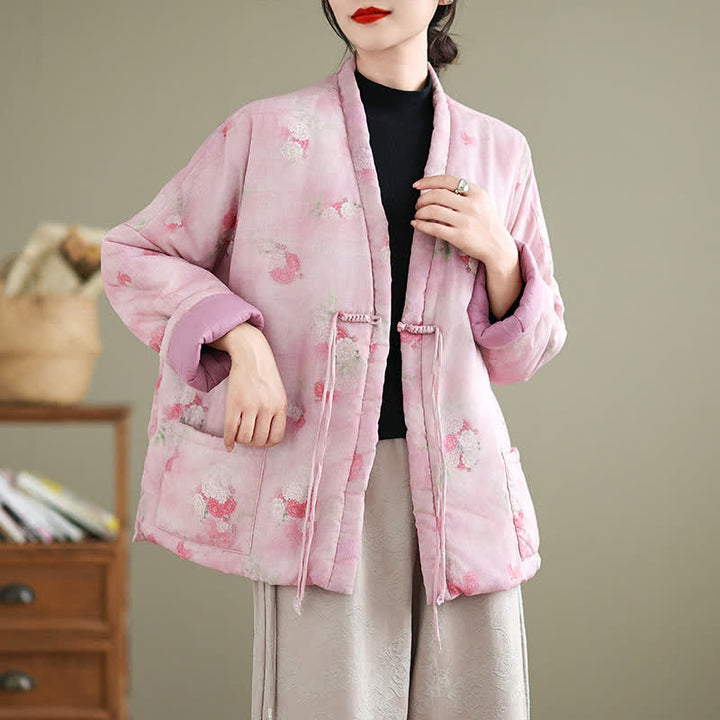 Buddha Stones Kimono de mujer con estampado floral y botones de estilo Tang vintage para otoño/invierno, con bolsillos. - image 11