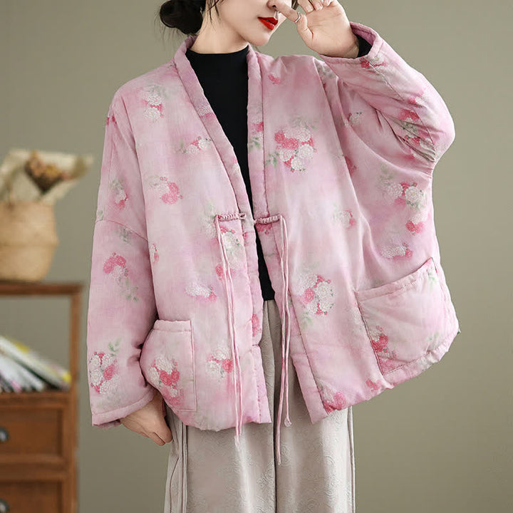 Buddha Stones Kimono de mujer con estampado floral y botones de estilo Tang vintage para otoño/invierno, con bolsillos. - Rosa - US12, UK/AU16, EU44 (XL) - image 10