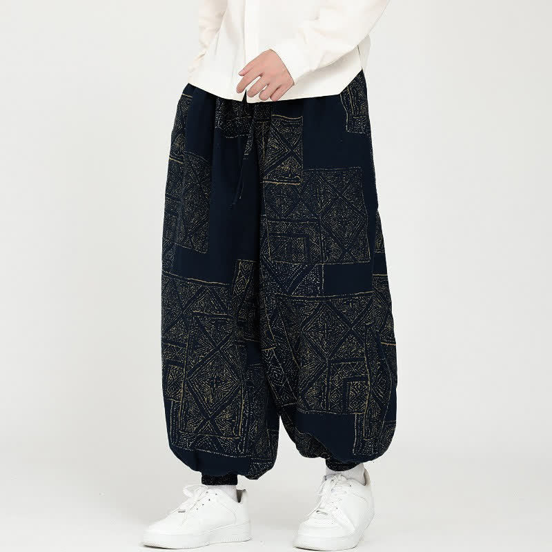 Buddha Stones Pantalones cortos geométricos casuales vintage con cordón ajustable para hombre, estilo harem, con bolsillos, ideales para primavera y otoño. - Azul medianoche - US/UK/AU46, EU56 (5XL) - image 0