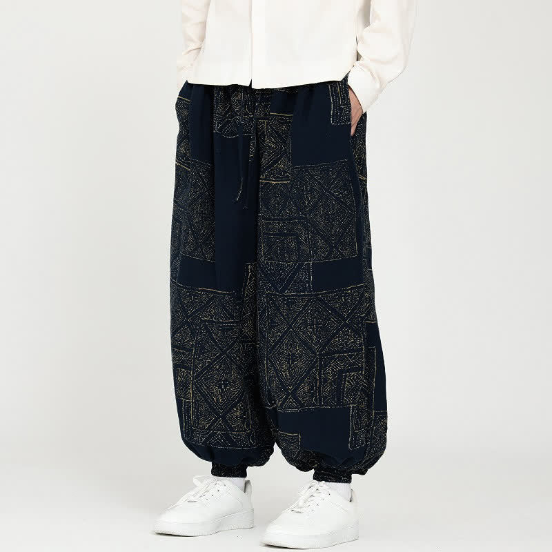 Buddha Stones Pantalones cortos geométricos casuales vintage con cordón ajustable para hombre, estilo harem, con bolsillos, ideales para primavera y otoño. - image 1