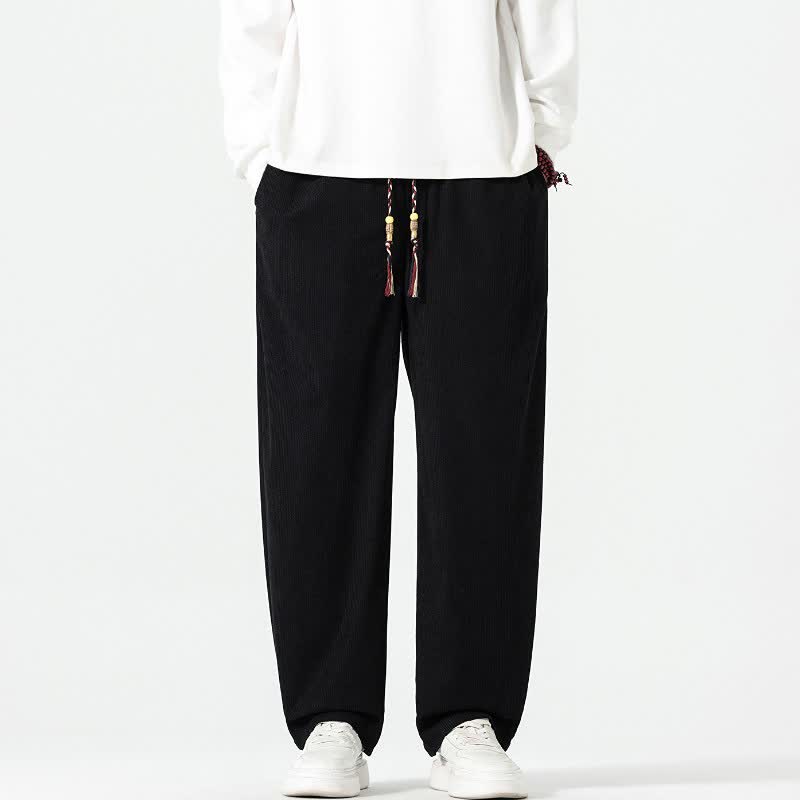 Buddha Stones Pantalones tobilleros de pana de corte recto con cordón ajustable, estilo boho casual para otoño/invierno, para hombre, con bolsillos. - Negro - US/UK/AU48, EU58 (5XL) - image 11