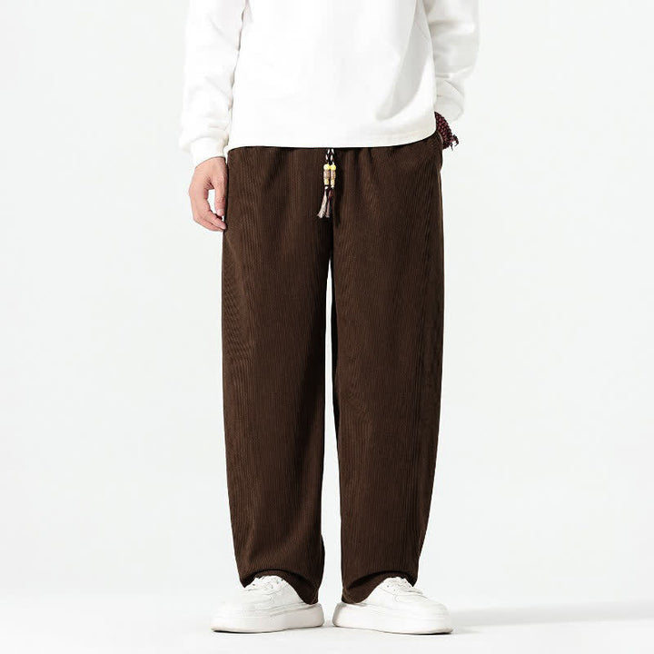 Buddha Stones Pantalones tobilleros de pana de corte recto con cordón ajustable, estilo boho casual para otoño/invierno, para hombre, con bolsillos. - image 1